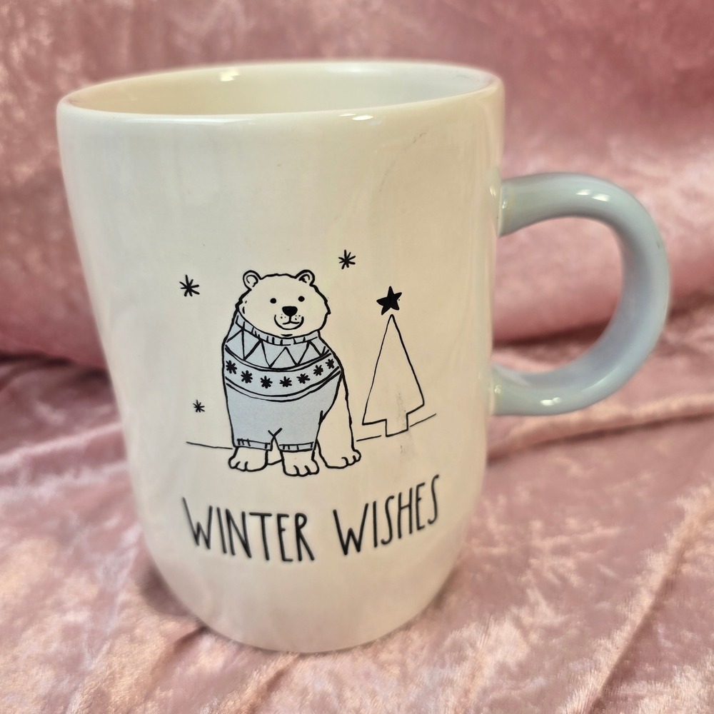 Rae Dunn Winter Wishes Polar Bear Mug Blue Handle Christmas Holiday Ceramic